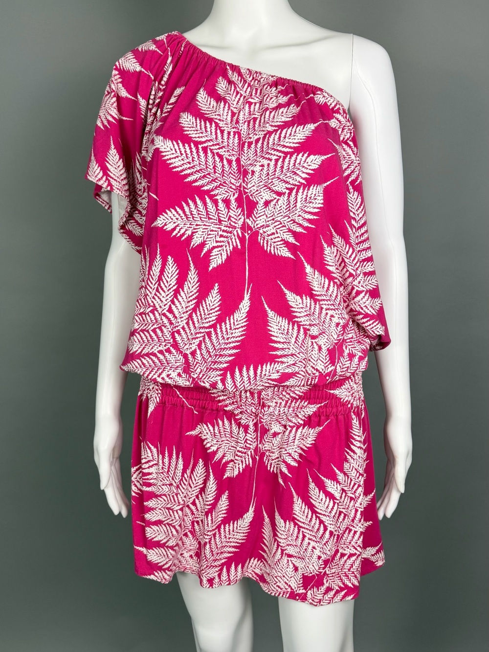 One-Shoulder Fern-Print Dress in Bright Pink